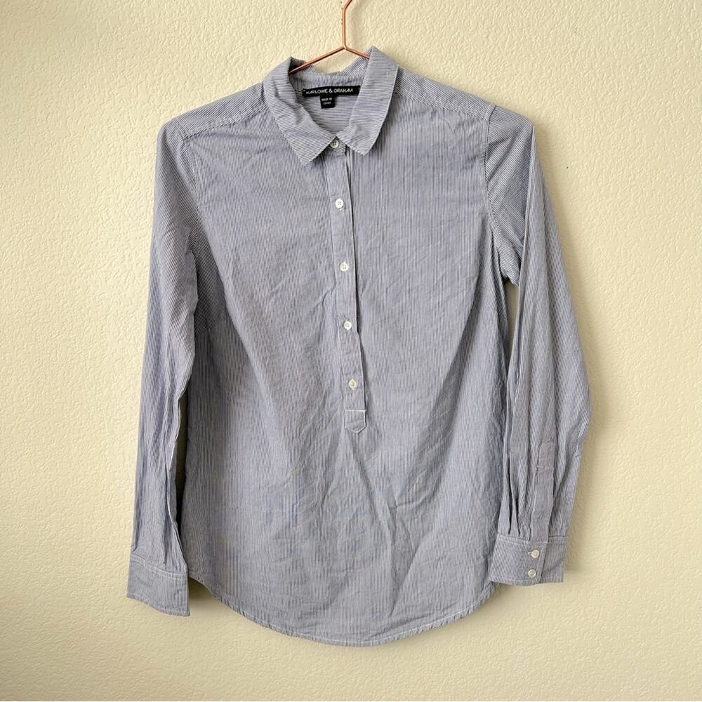 Harlowe & Graham blue white pinstripe long sleeve half button up dress shirt top
